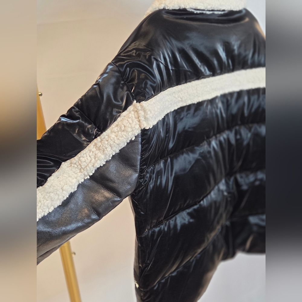 NVLT Women's Black & White Vegan Leather Shearling Fuzzy Coat Jacket Size S/M - Picture 12 of 16